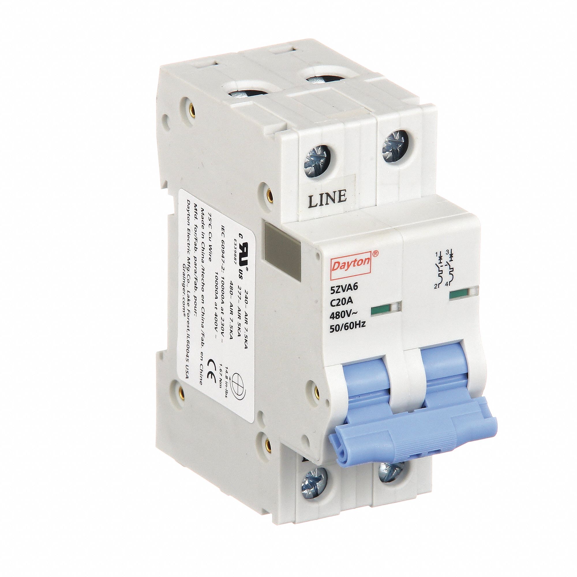 IEC Supplementary Protector: 20 A Amps, 7.5kA at 480V AC, Screw Clamp, NDB2-63 C20/2, 480V AC