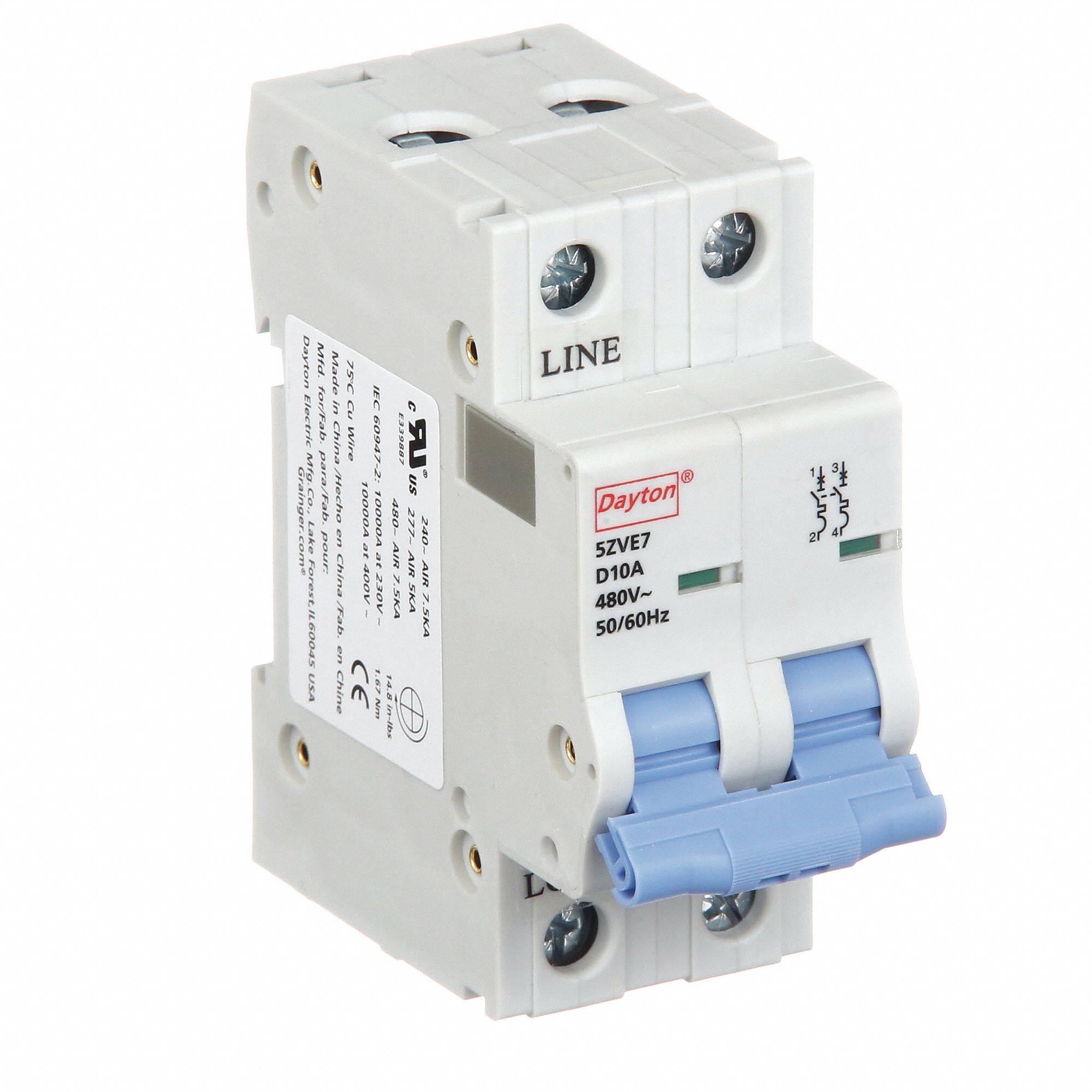 IEC Supplementary Protector: 10 A Amps, 7.5kA at 480V AC, Screw Clamp, NDB2-63 D10/2, 480V AC