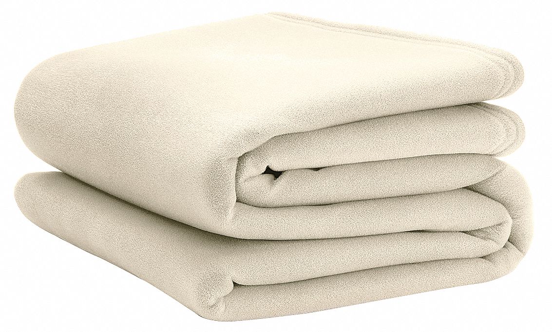 Blanket: Full Fits Mattress Size, Ivory, Nylon, 90 in Overall Lg, 80 in Overall Wd, Hemmed