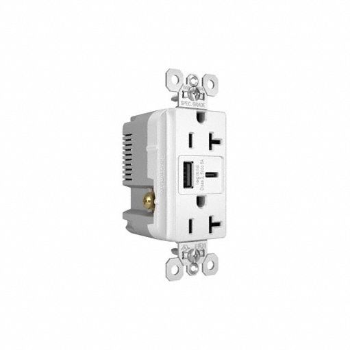 USB Receptacle: Decorator Duplex, 5-20R, 20 A, 125V AC, White, 2 USB Ports, A/C USB Connection Type