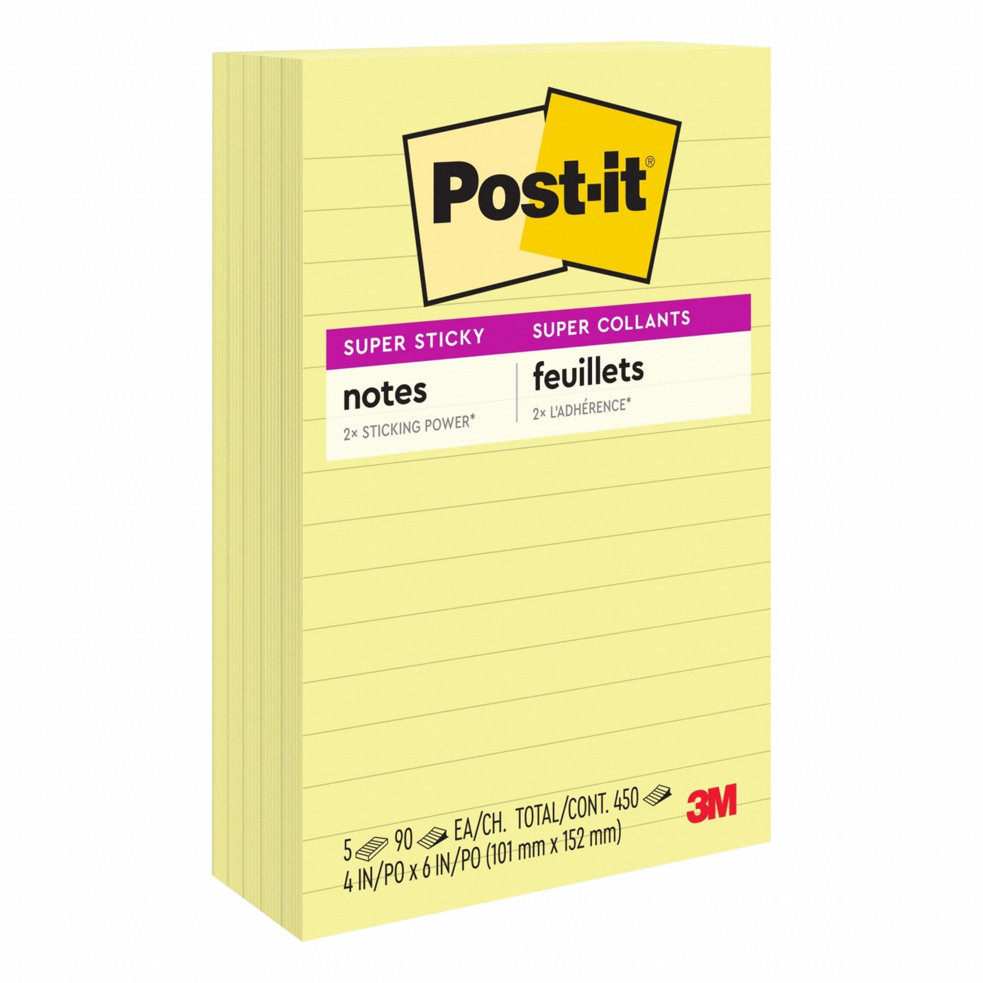 Sticky Notes: Yellow, Super Sticky, 90 Sheets per Pad, 5 Pads per Pack, 4 in x 6 in, 5 PK