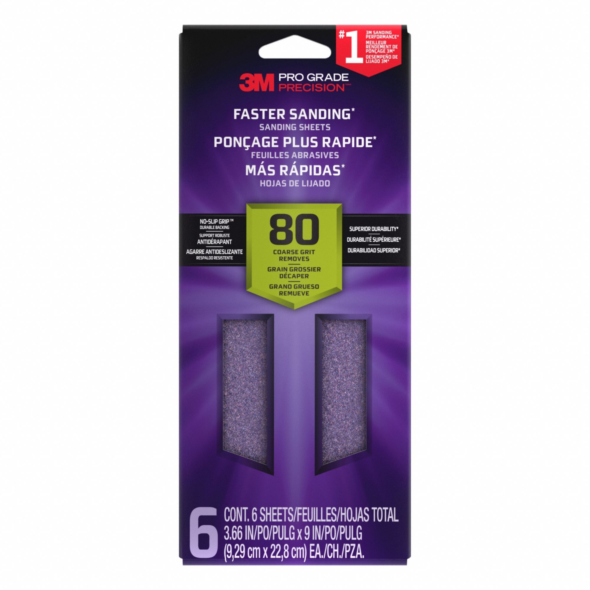 Sanding Sheet: 3 11/16 in W x 9 in L, Ceramic, 80 Grit, Pro Grade Precision, 6 PK