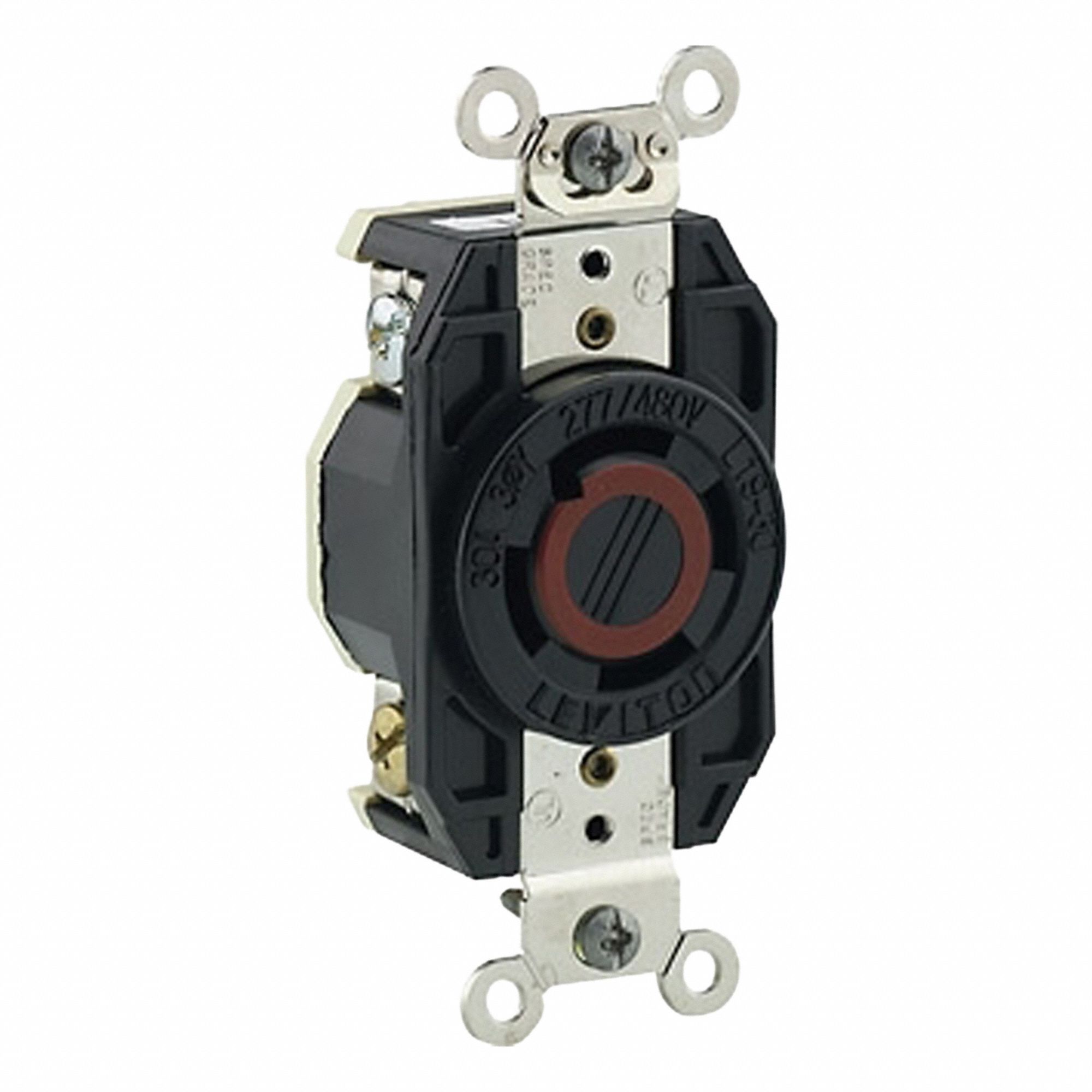 Flush Mounting Lock Receptacle: L19-30R, 30 A, 277/480V AC, Black, 4 Poles, Shrouded