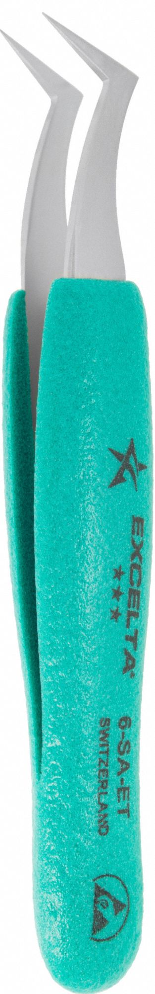 EXCELTA Tweezers: Flat, Bent Tip, 0.004 in Tip Thick (MPN 6-SA-ET). Key specifications — attr1002345: EXCELTA; attr1002348: Stainless Steel; attr1002361: 7-SA; attr1024781: Ergonomic.