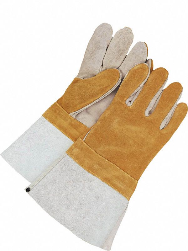 Welding Gloves: Wing Thumb, Gauntlet Cuff, Premium, Yellow Cowhide, L Glove Size, Fleece Liner, 1 PR