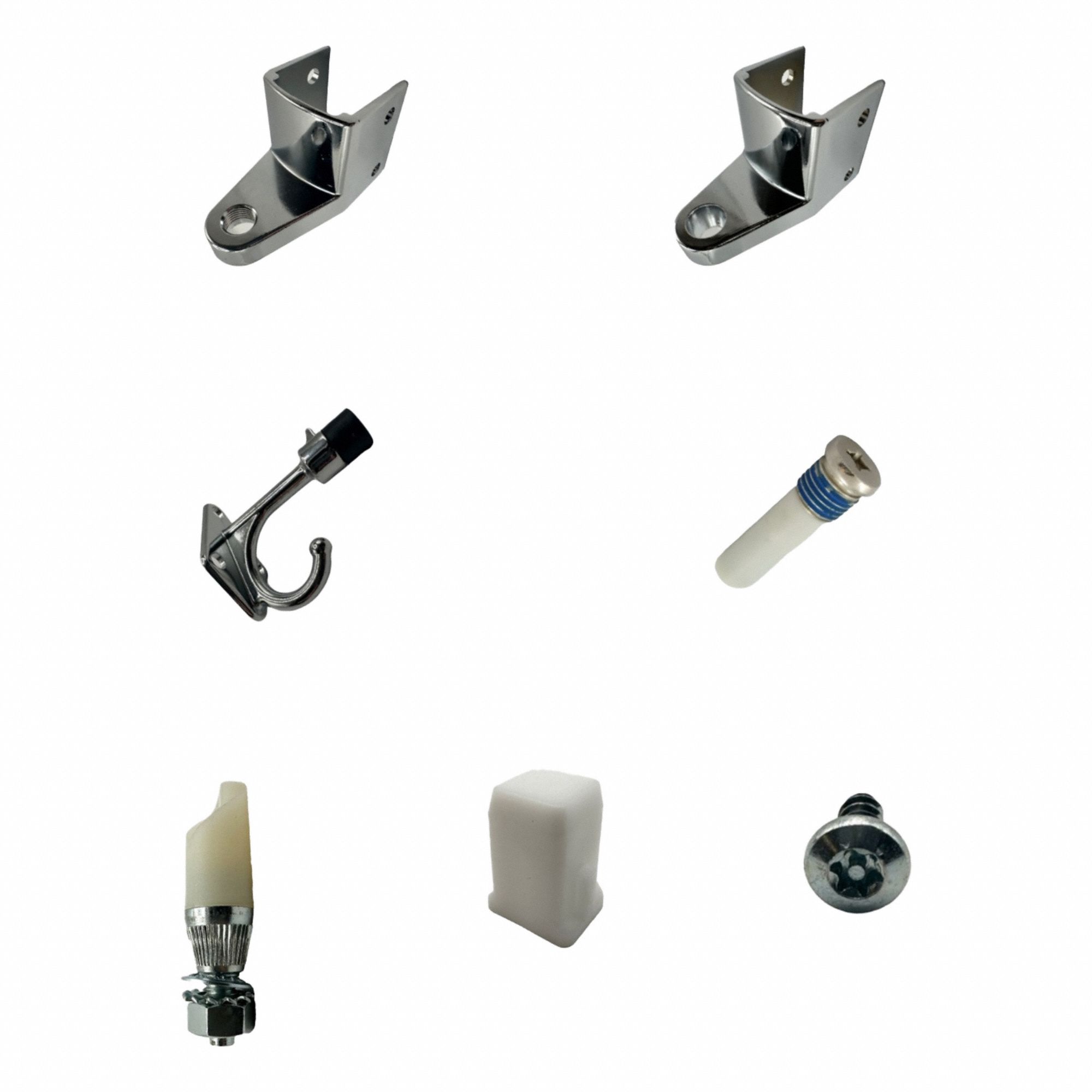 HADRIAN Wrap Hinge Kit: Chrome Zamac, Chrome-Plated (MPN 605020). Key specifications — Hardware Pieces Included: Upper Hinge Pin; Compatible Partition Material: Stainless Steel; Material: Chrome Zamac; Finish: Chrome-Plated; Component Type: Wrap Hinge Kit; Brand: HADRIAN.