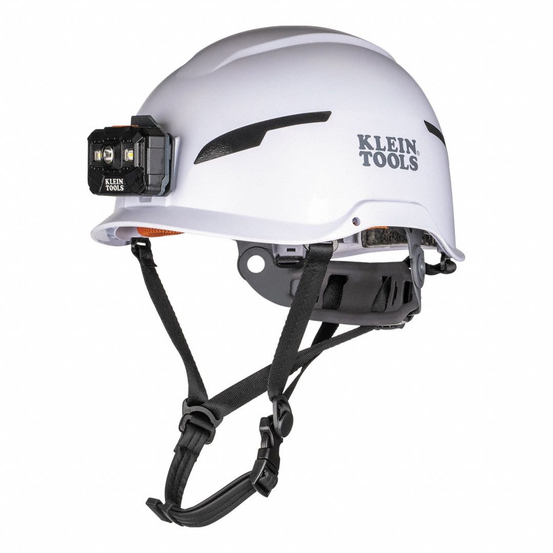 Safety Helmet: White, No Graphics, Ratchet (6-Point), Ratchet, ABS/Polycarbonate, Solid