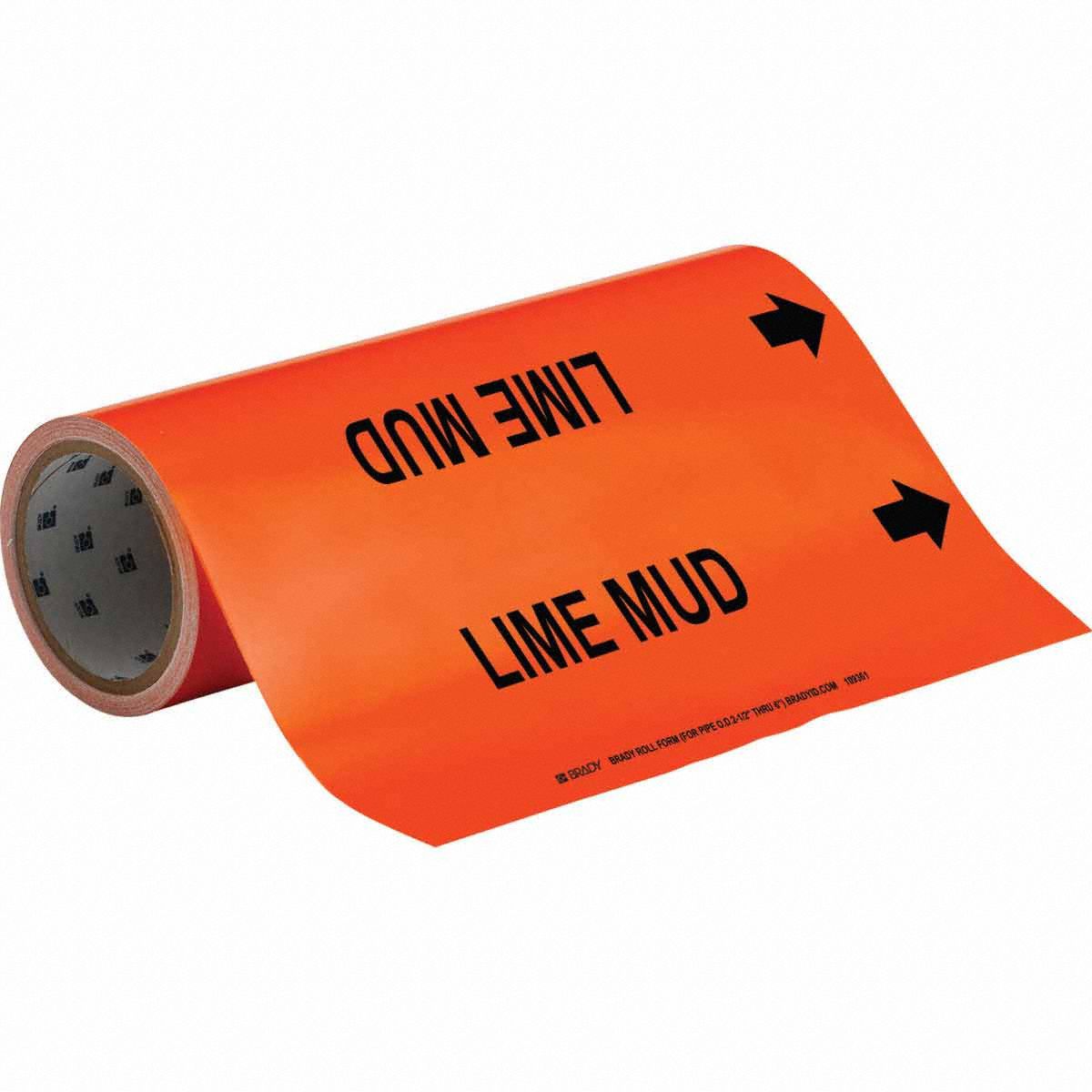 Pipe Marker: Lime Mud, Orange, Black, Fits 2 1/2 to 6 in Pipe O.D., 30 Pipe Markers, With Arrows