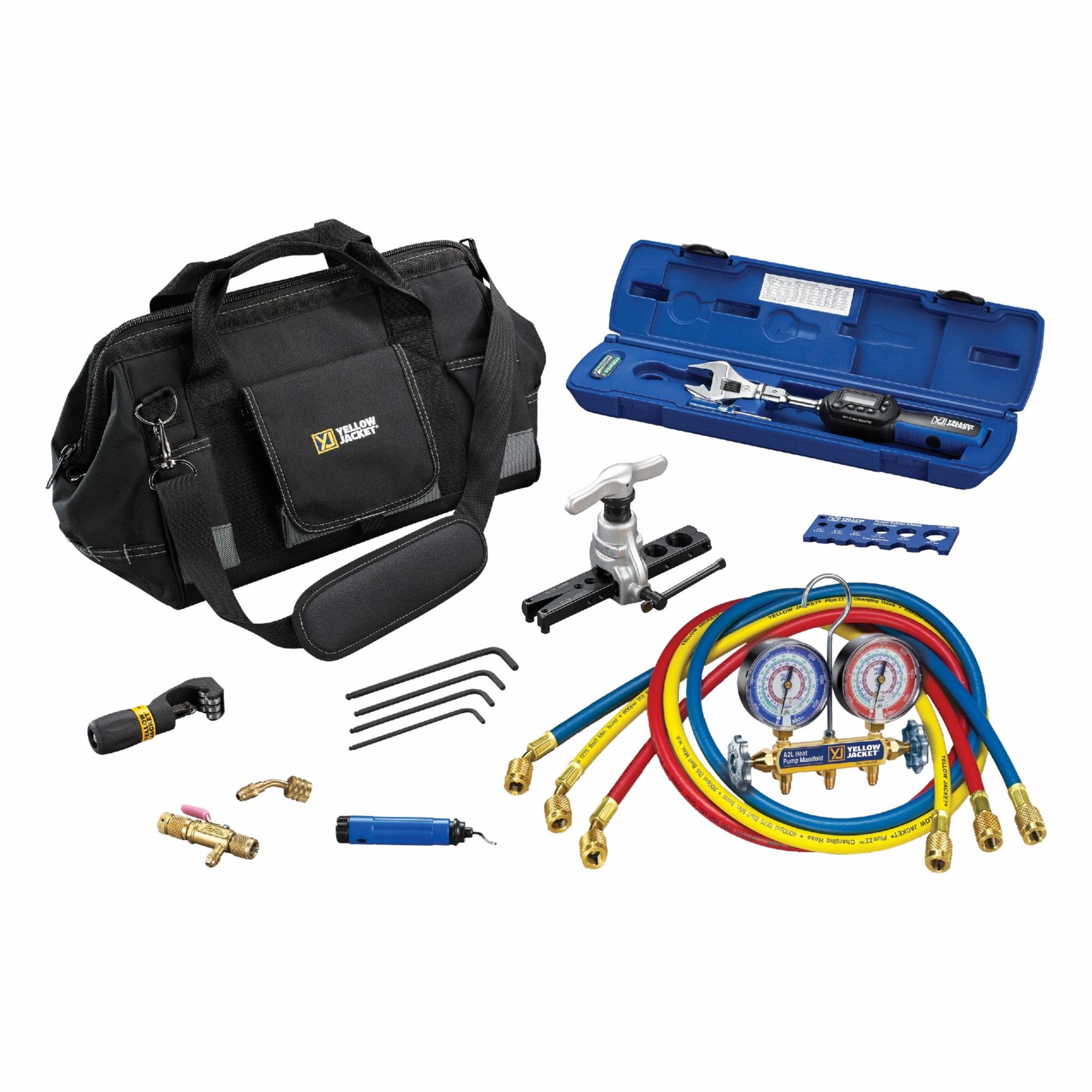 YELLOW JACKET Mini-Split Tool Kit: 2 Valves, 3 Hoses, 3 1/8 in Gauge, For R-32/R-410A/R-454B (MPN 60995). Key specifications — Hose Connection Type: SAE; Product Type: Mini-Split Tool Kit; For Refrigerant Type: R-410A; Brand: YELLOW JACKET; Includes: 60101 Tube Cutter.