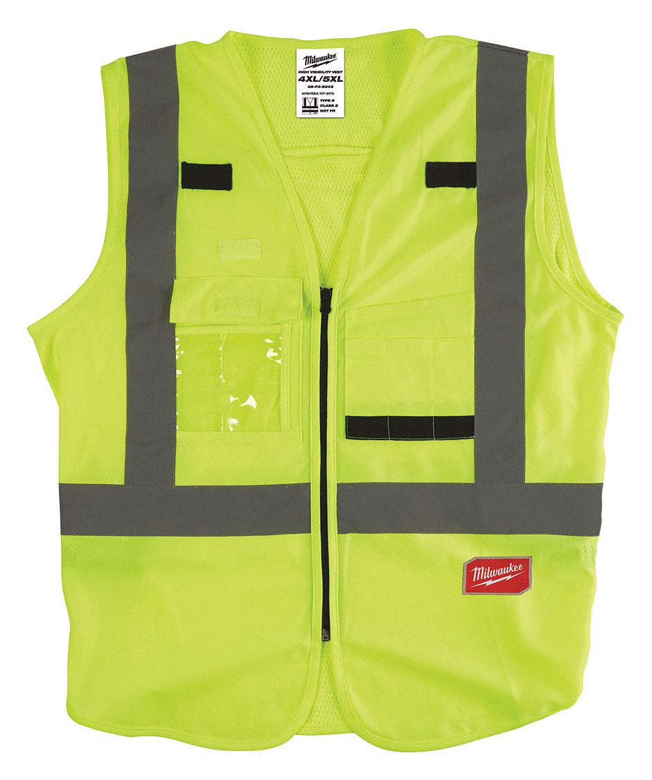 High-Visibility Vest: ANSI Class 2, U, 4XL/5XL, Lime, Solid Polyester, Zipper, Single