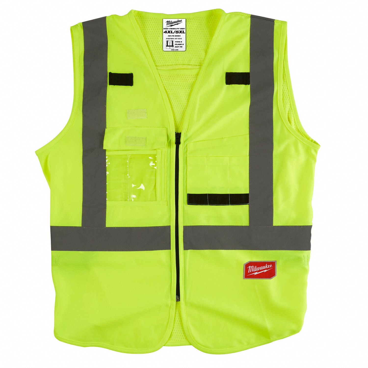 High-Visibility Vest: ANSI Class 2, X, 4XL/5XL, Lime, Solid Polyester, Zipper, Single