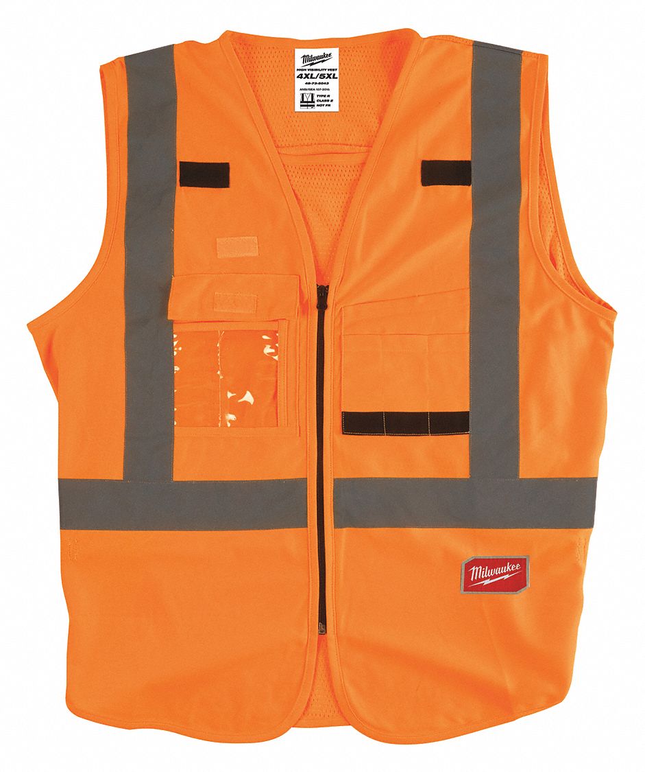 High-Visibility Vest: ANSI Class 2, U, 4XL/5XL, Orange, Solid Polyester, Zipper, Single