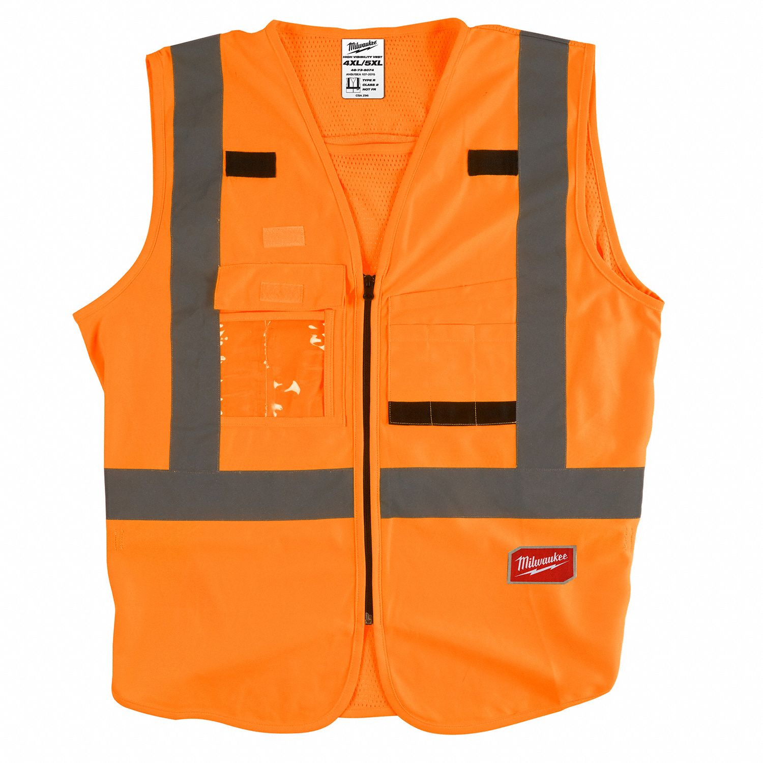 High-Visibility Vest: ANSI Class 2, X, 4XL/5XL, Orange, Solid Polyester, Zipper, Single