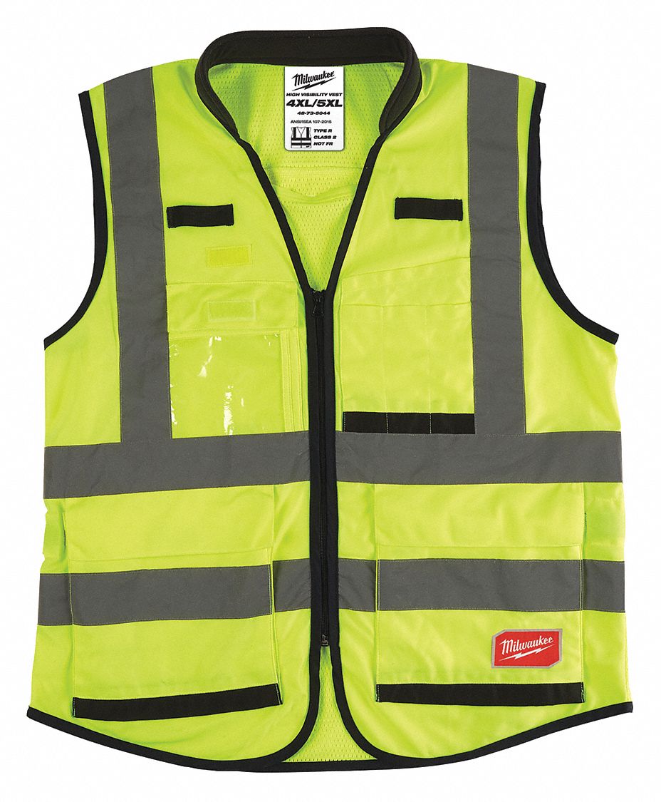 High-Visibility Vest: ANSI Class 2, U, 4XL/5XL, Lime, Solid Polyester, Zipper, Double