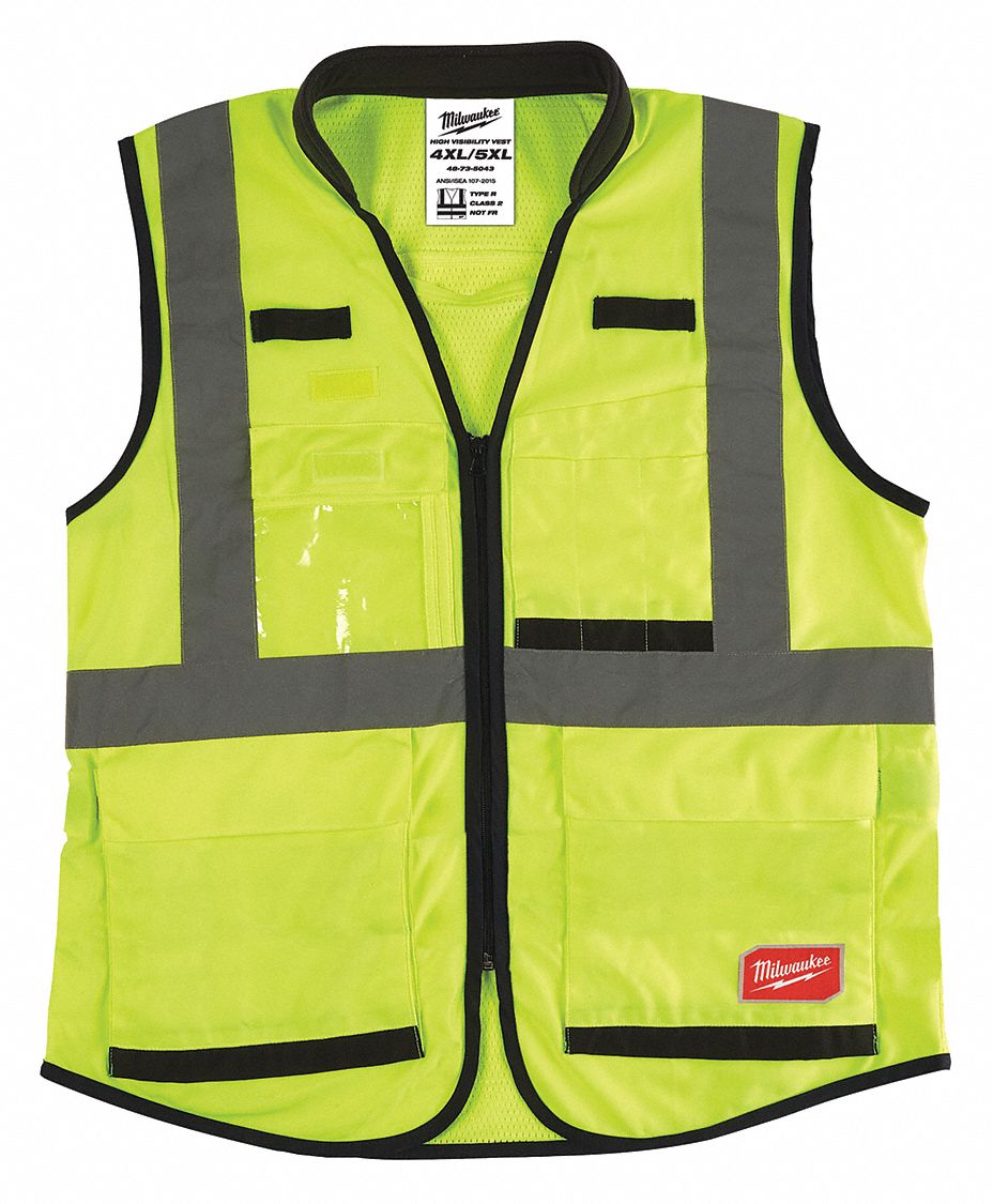 High-Visibility Vest: ANSI Class 2, X, 4XL/5XL, Lime, Solid Polyester, Zipper, Double