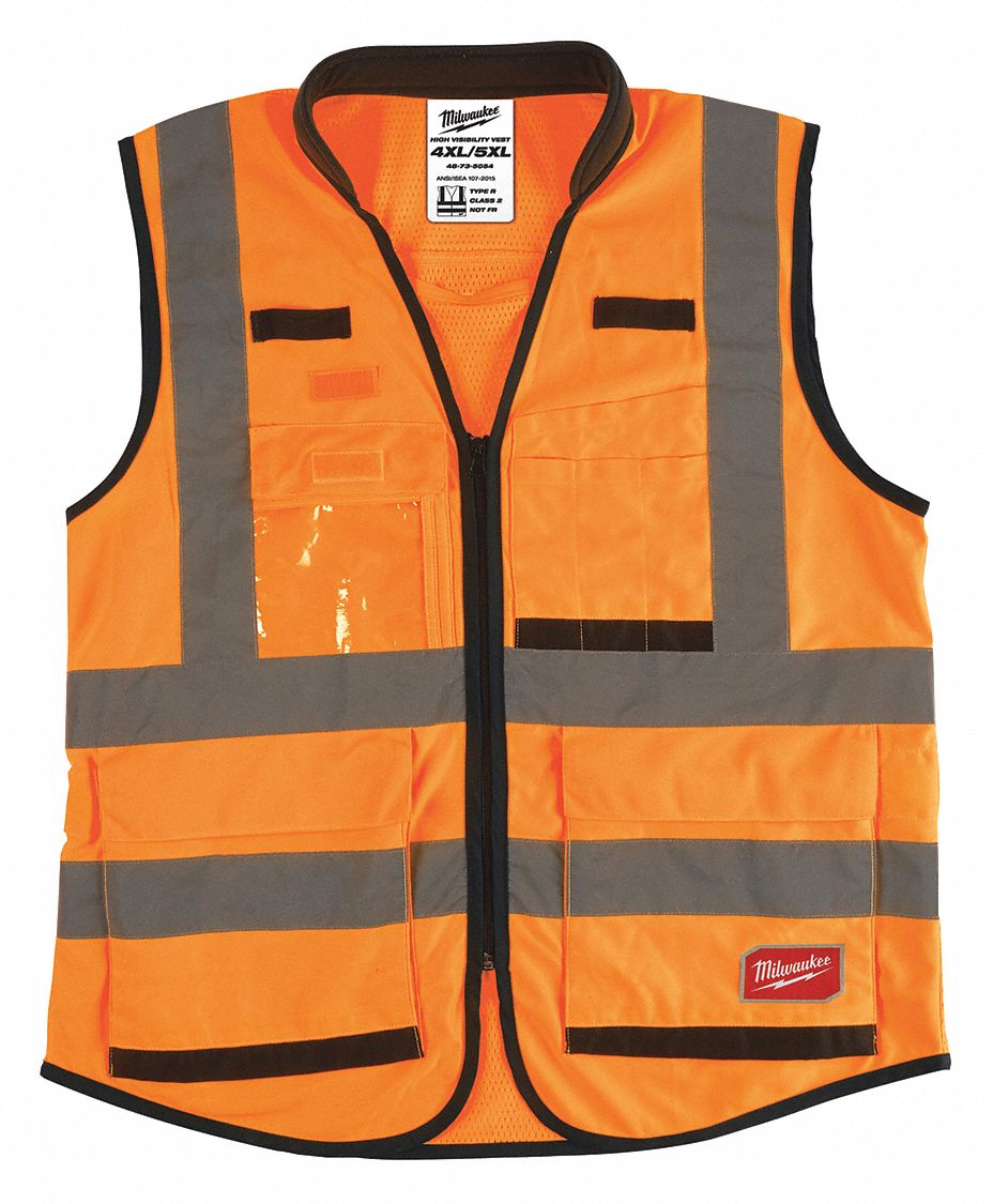 High-Visibility Vest: ANSI Class 2, U, 4XL/5XL, Orange, Solid Polyester, Zipper, Double