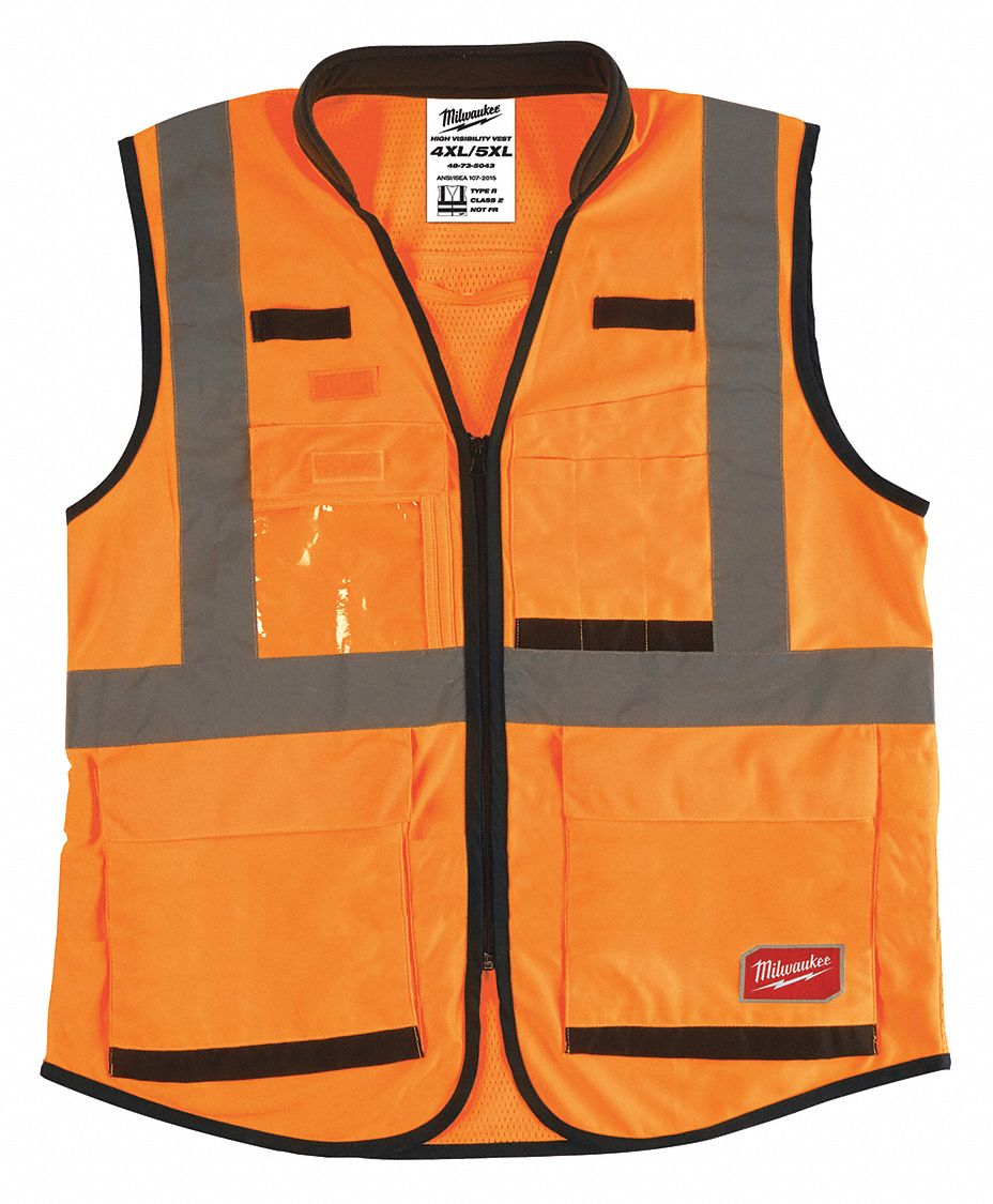 High-Visibility Vest: ANSI Class 2, X, 4XL/5XL, Orange, Solid Polyester, Zipper, Double