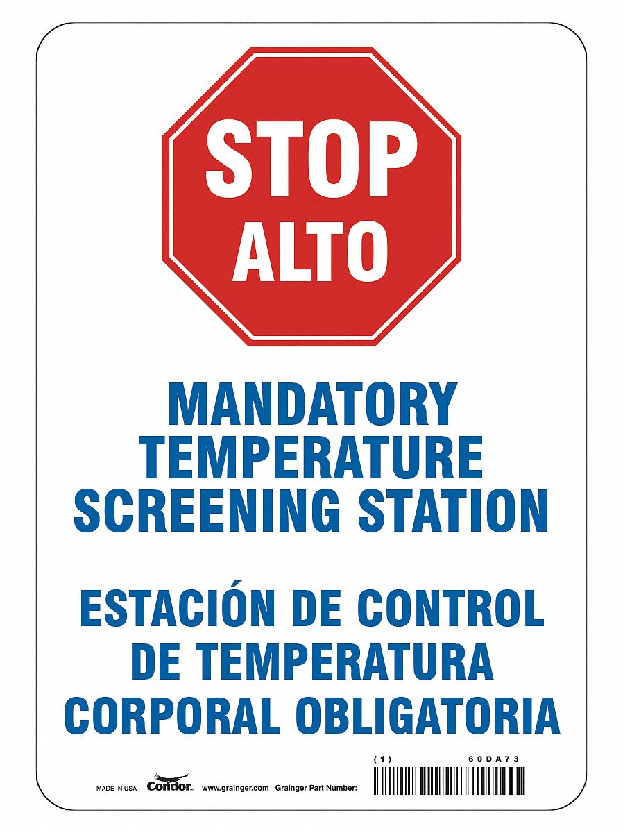 Bilingual Temperature Screening Sign: 10 in x 7 in Nominal Sign Size, 0.004 in Thick, Polyester