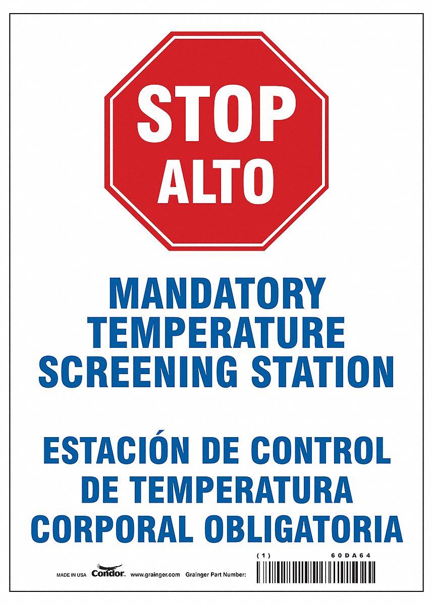 Bilingual Temperature Screening Sign: 14 in x 10 in Nominal Sign Size, 0.004 in Thick, Polyester