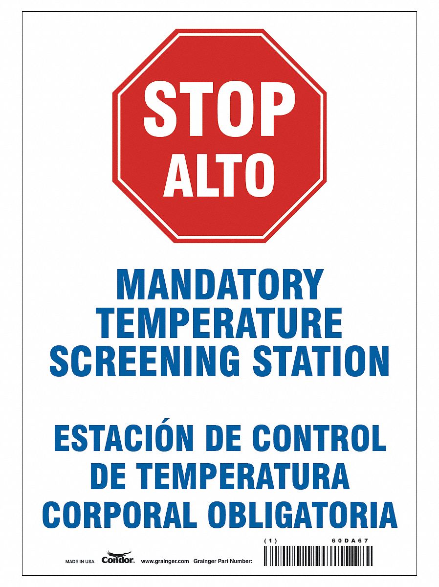 Bilingual Temperature Screening Sign: 10 in x 7 in Nominal Sign Size, 0.055 in Thick, Polystyrene