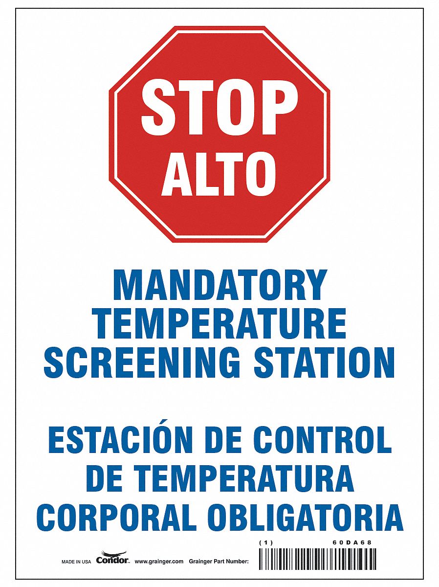 Bilingual Temperature Screening Sign: 14 in x 10 in Nominal Sign Size, 0.055 in Thick, Polystyrene