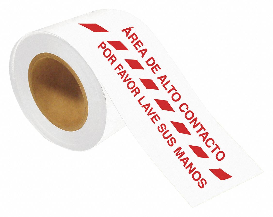 Spanish Area De Alto Contacto Floor Tape,  Continuous Roll,  Message,  White,  4 in,  100 ft