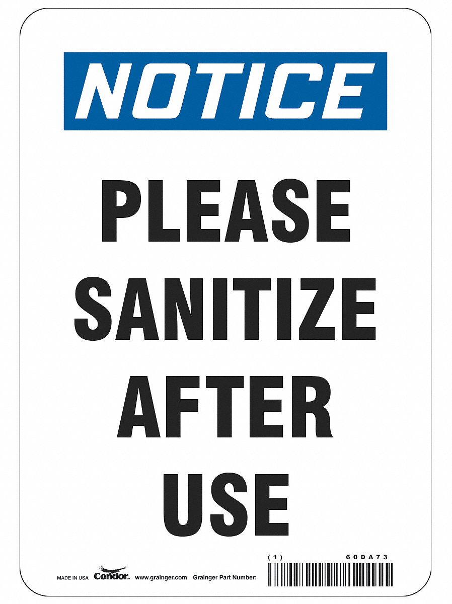 Please Sanitize After Use Sign: 10 in x 7 in Nominal Sign Size, 0.004 in Thick, Polyester, White