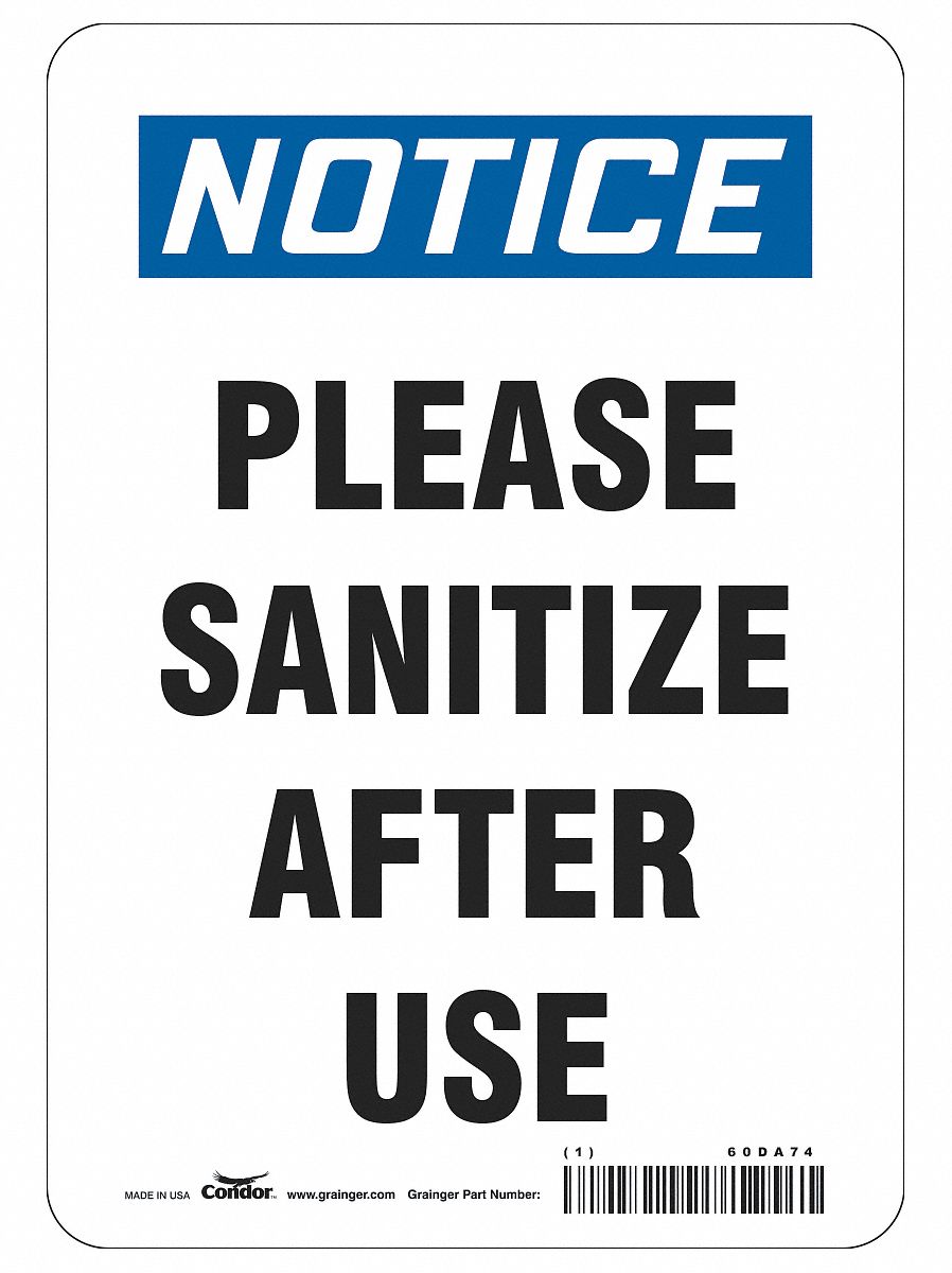 Please Sanitize After Use Sign: 10 in x 7 in Nominal Sign Size, 0.055 in Thick, Polystyrene, White
