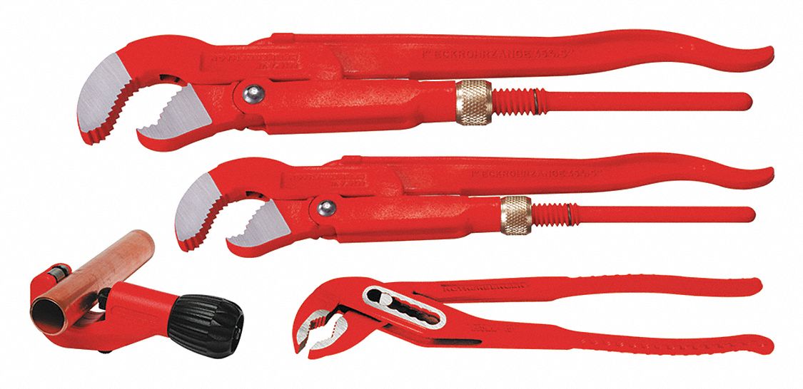 Pipe Wrench Set: Steel, 1 1/2 in Jaw Capacity, Serrated, 6 in Overall Lg, Ergonomic