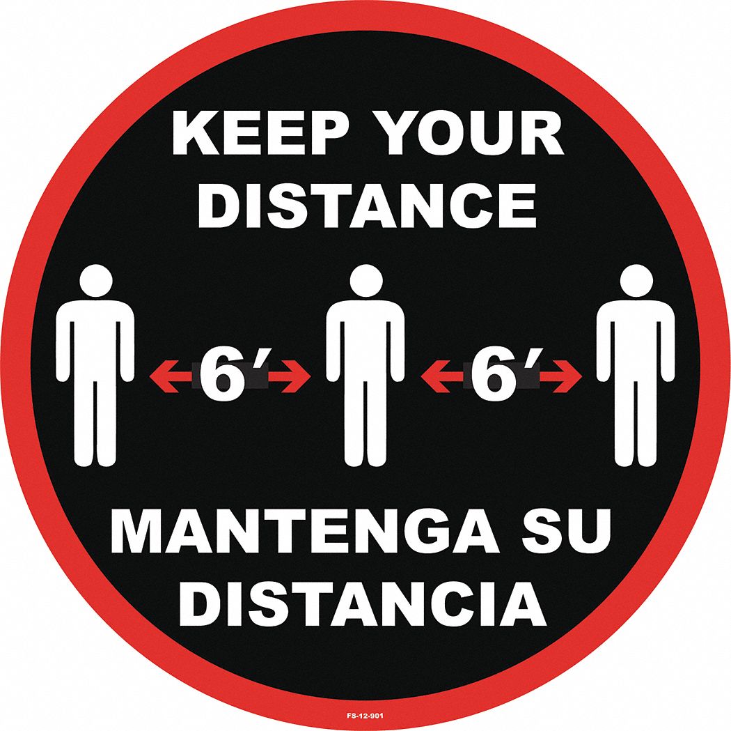 Social Distance Floor Sign: 12 in x 12 in Nominal Sign Size, 0.012 in Thick, PVC, Black, 12 in Ht