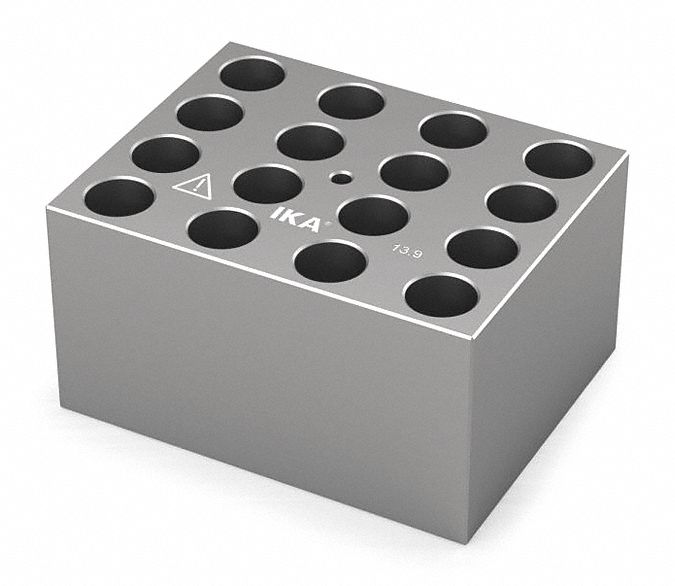Dry Block: Anodized Aluminum, 3 3/4 in Overall Wd, 3 in Overall Lg, 16 Wells, 13 7/8 mm Well Dia