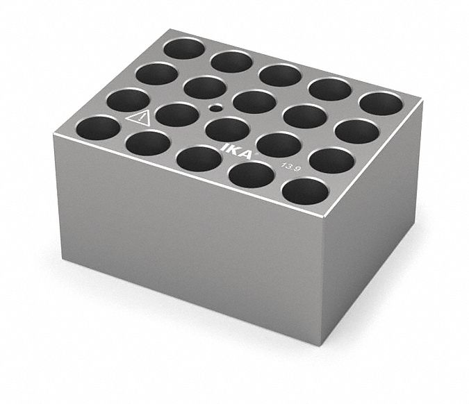 Dry Block: Anodized Aluminum, 3 3/4 in Overall Wd, 3 in Overall Lg, 20 Wells, 13 7/8 mm Well Dia