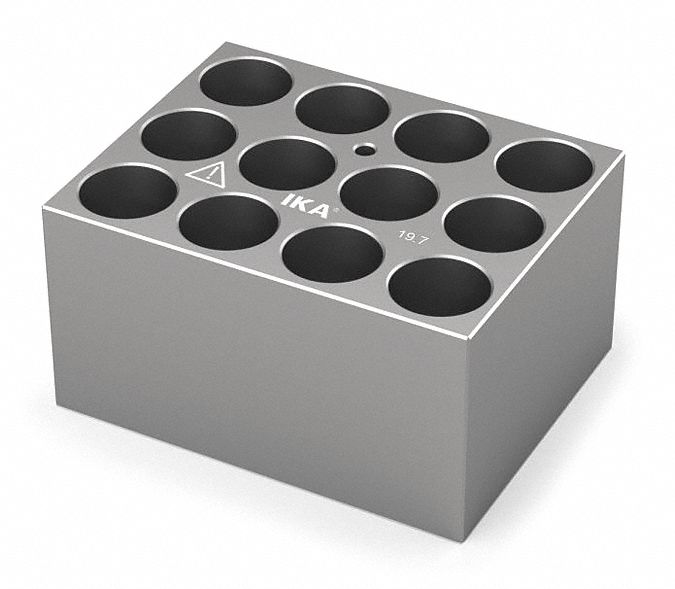 Dry Block: Anodized Aluminum, 3 3/4 in Overall Wd, 3 in Overall Lg, 12 Wells, 19 3/4 mm Well Dia