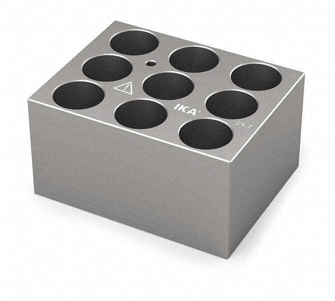 Dry Block: Anodized Aluminum, 3 3/4 in Overall Wd, 3 in Overall Lg, 9 Wells, 21 3/4 mm Well Dia