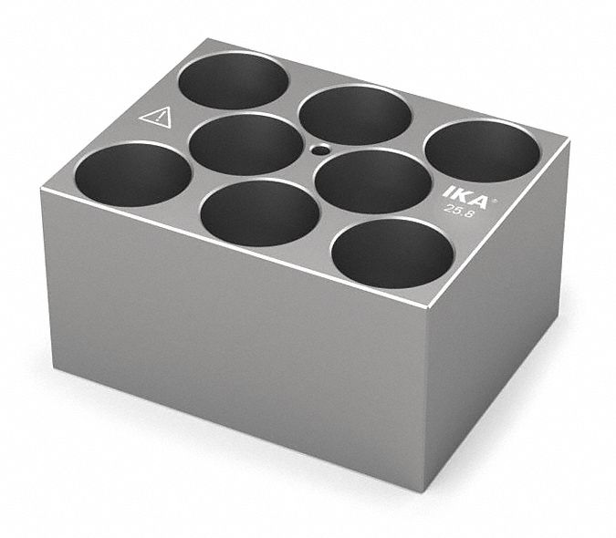 Dry Block: Anodized Aluminum, 3 3/4 in Overall Wd, 3 in Overall Lg, 8 Wells, 25 3/4 mm Well Dia