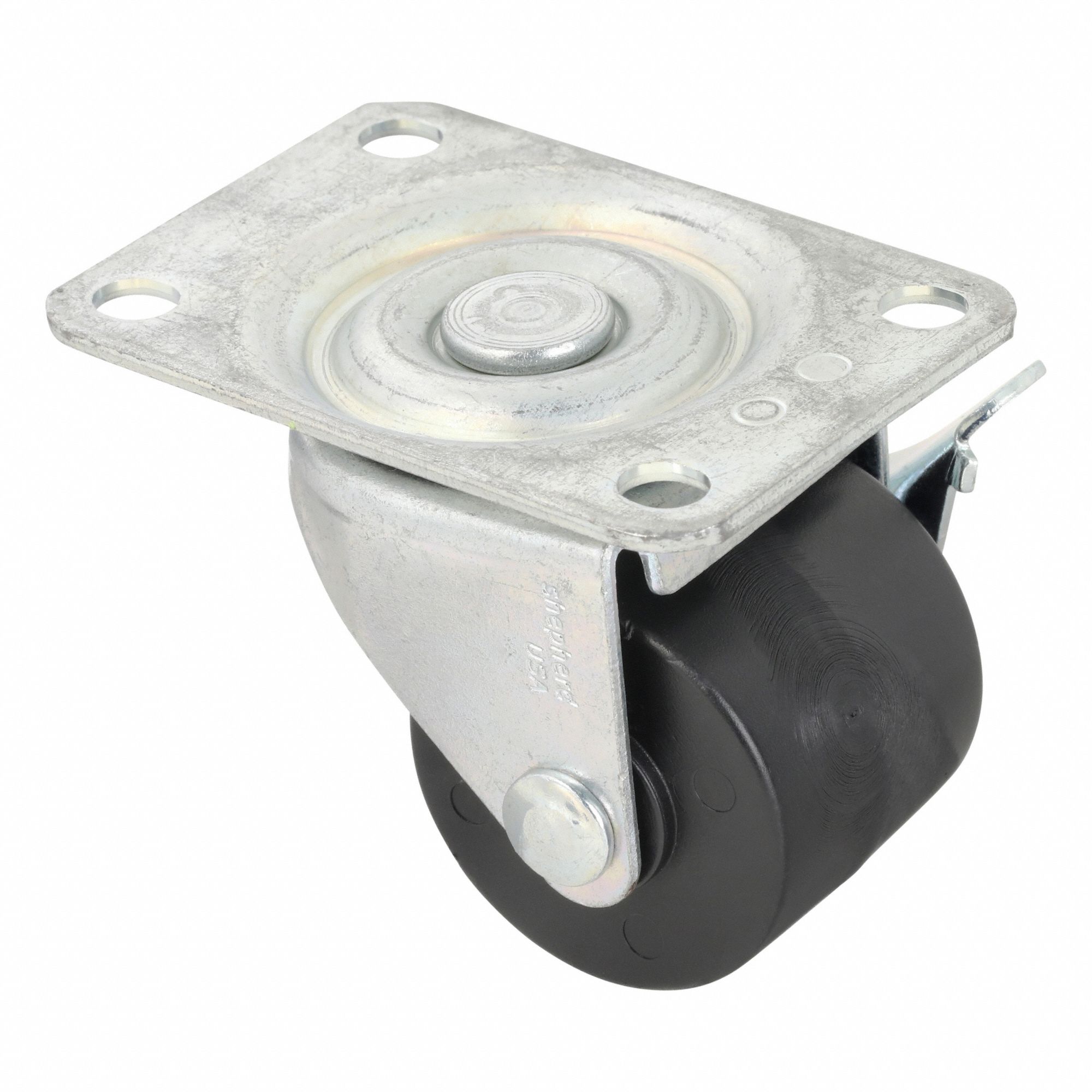 Plate Caster: Swivel, Side Brake, Polyolefin, 2 in Wheel Dia, 1 7/8 in Wheel Wd