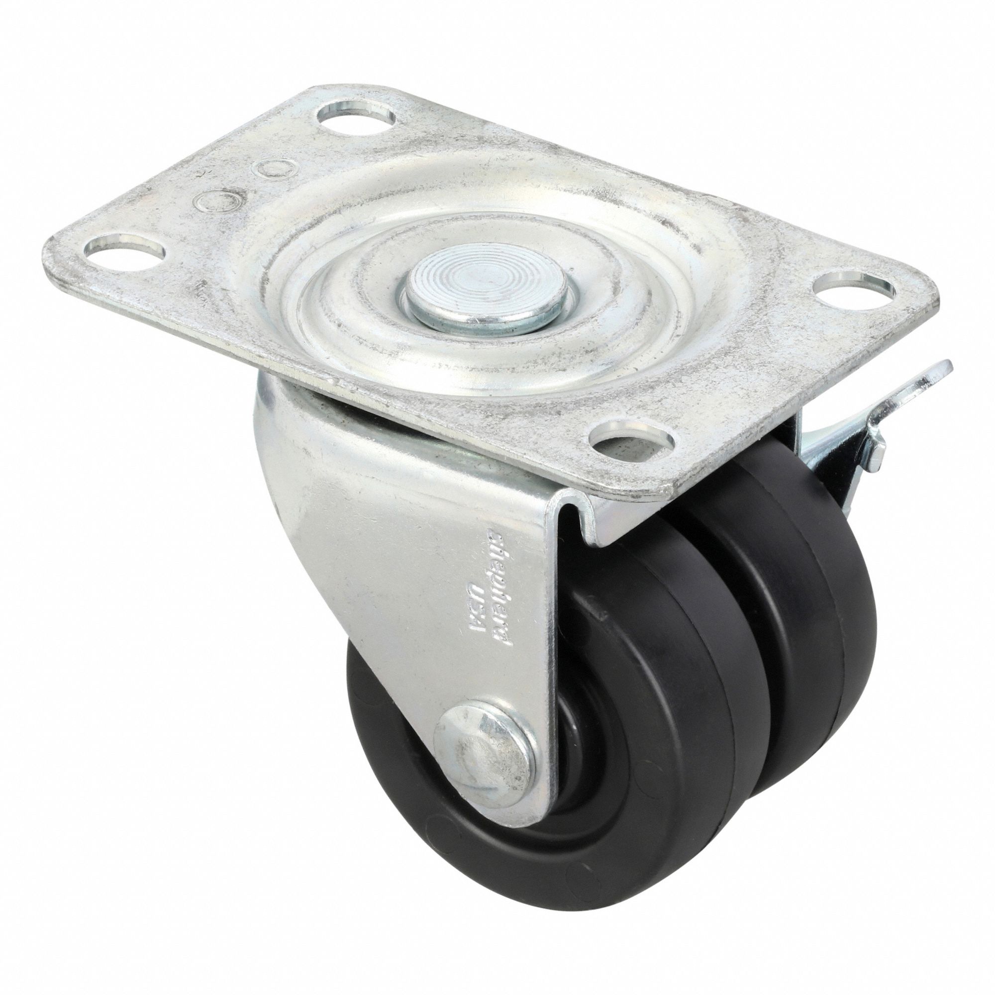 Plate Caster: Swivel, Side Brake, Polyolefin, 2 in Wheel Dia, 2 13/16 in Mounting Ht