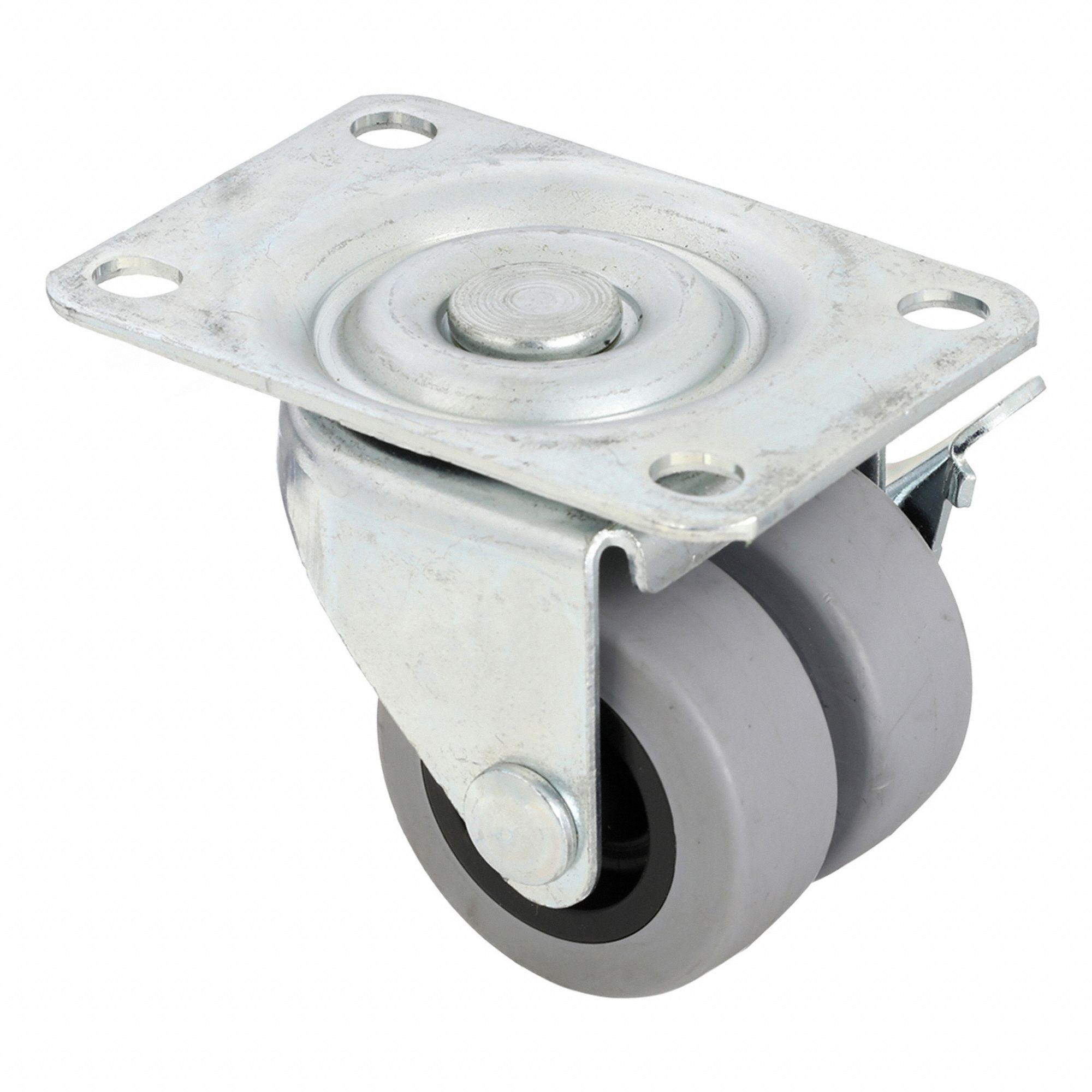 Plate Caster: Swivel, Side Brake, Rubber, 2 in Wheel Dia, 2 13/16 in Mounting Ht