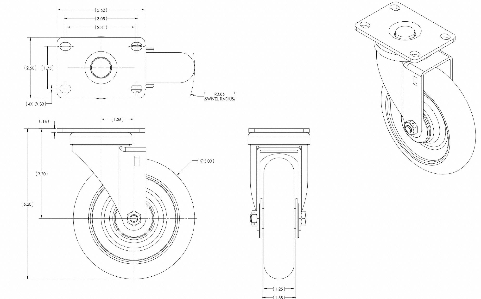 Plate Caster: Debris-Resistant/Quiet-Roll/Shock-Absorbing, Swivel, Rubber, Rectangle