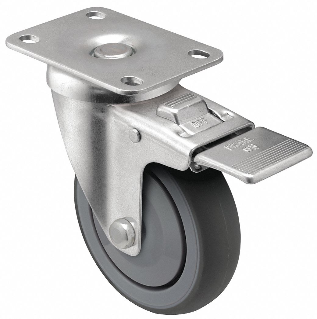 Plate Caster: Swivel, Rubber, 3 in Wheel Dia, 1 1/4 in Wheel Wd, Light Duty, Ball