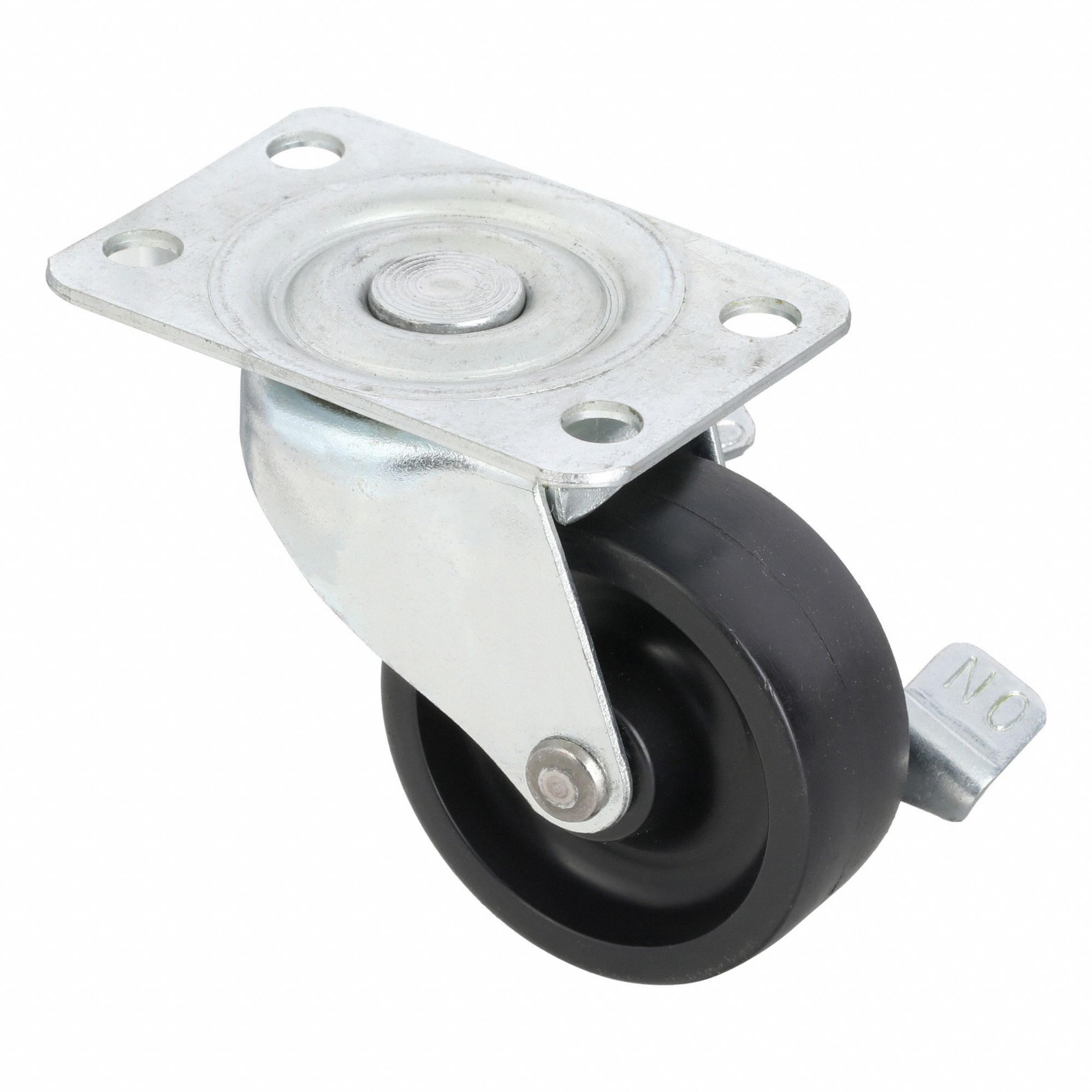Plate Caster: Swivel, Side Brake, Polyolefin, 2 in Wheel Dia., 7/8 in Wheel Wd, Hole