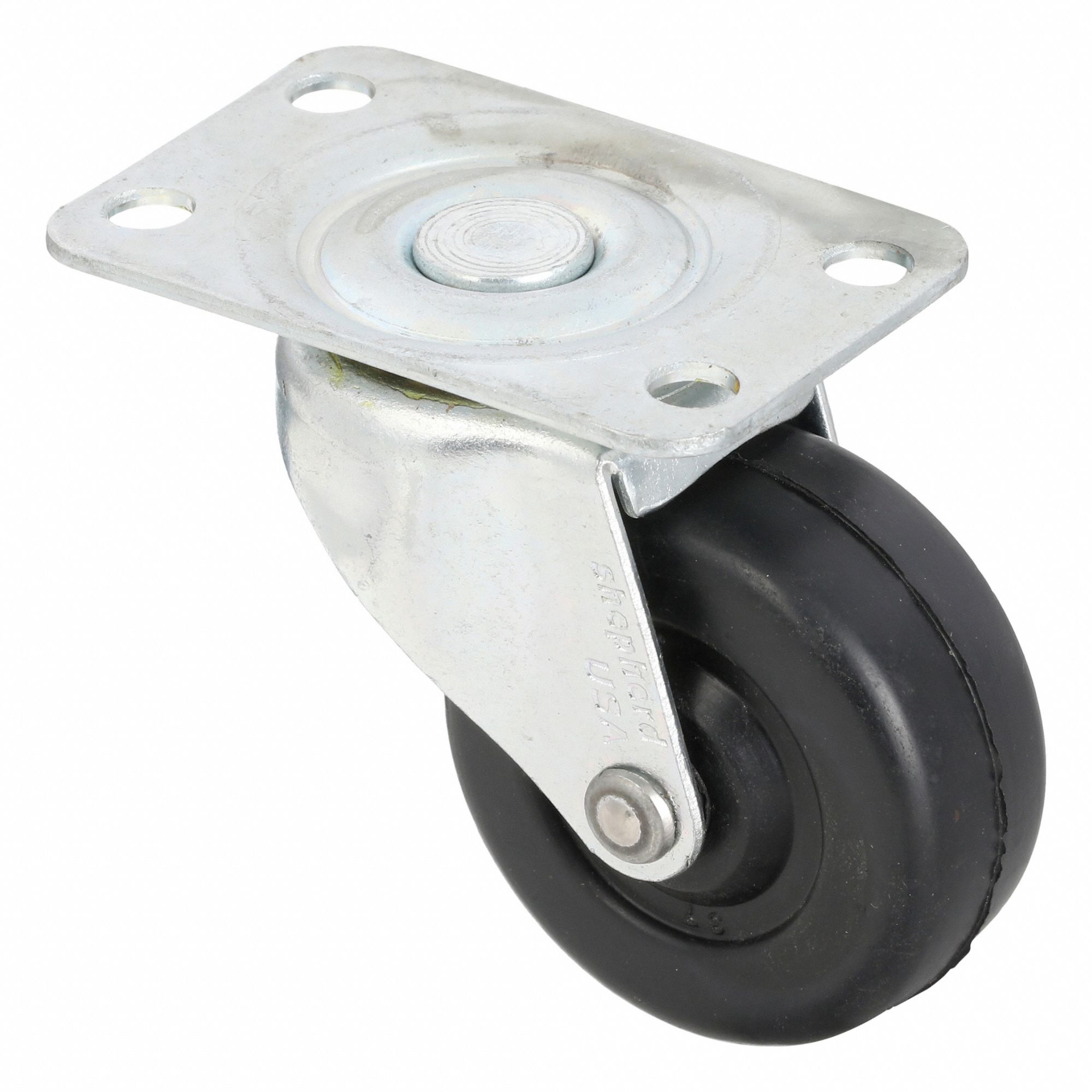 Plate Caster: Swivel, No Brake, Rubber, 2 in Wheel Dia., 7/8 in Wheel Wd, Hole