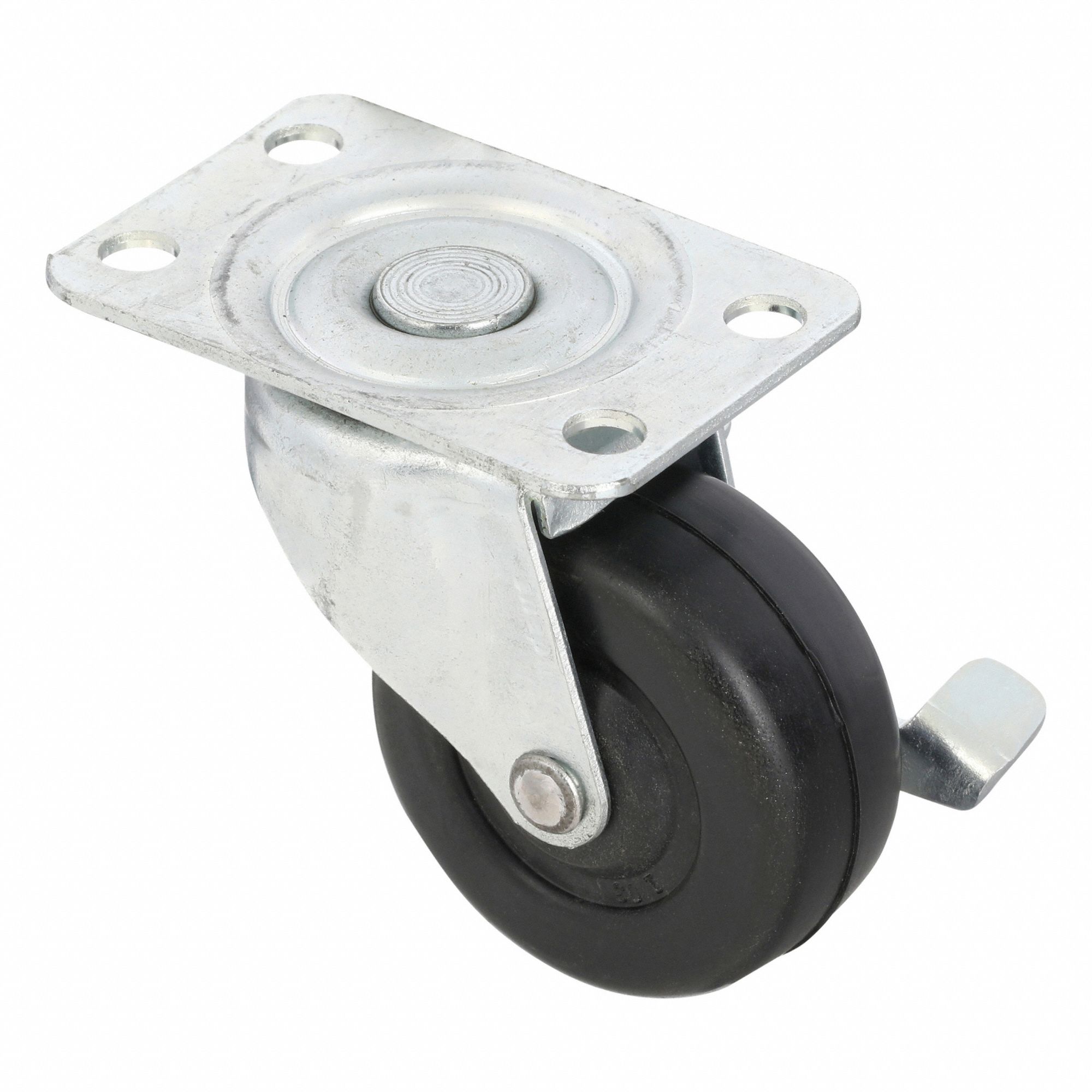 Plate Caster: Swivel, Side Brake, Rubber, 2 in Wheel Dia., 7/8 in Wheel Wd, Hole