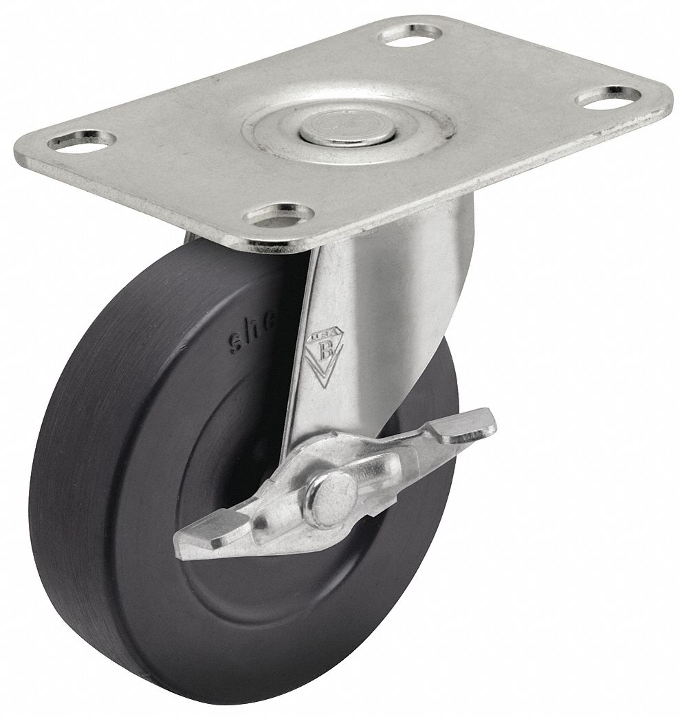 Plate Caster: Swivel, Side Brake, Rubber, 4 in Wheel Dia., 1 in Wheel Wd, Slot