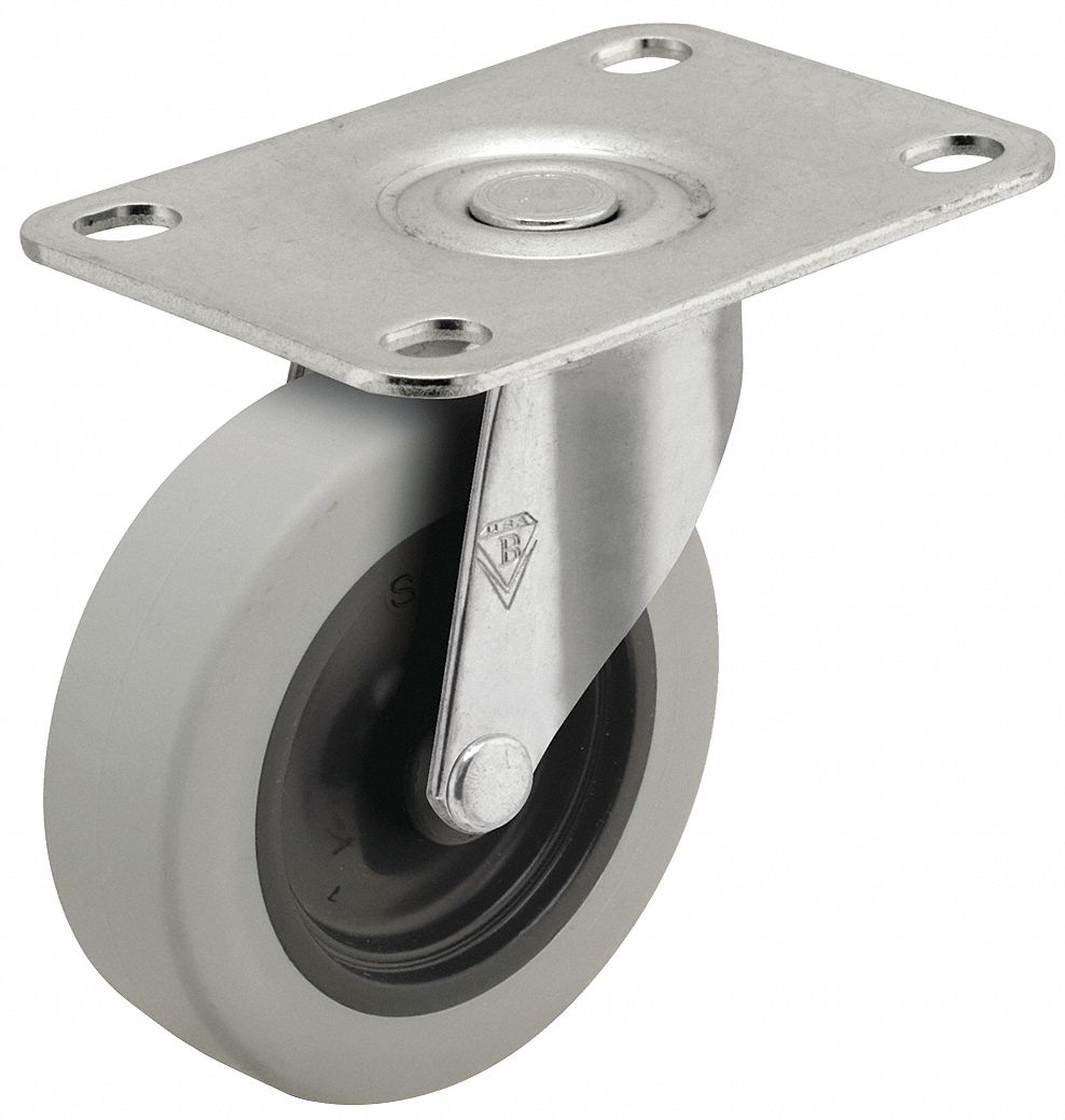 Plate Caster: Swivel, No Brake, Rubber, 2 in Wheel Dia., 7/8 in Wheel Wd, Hole