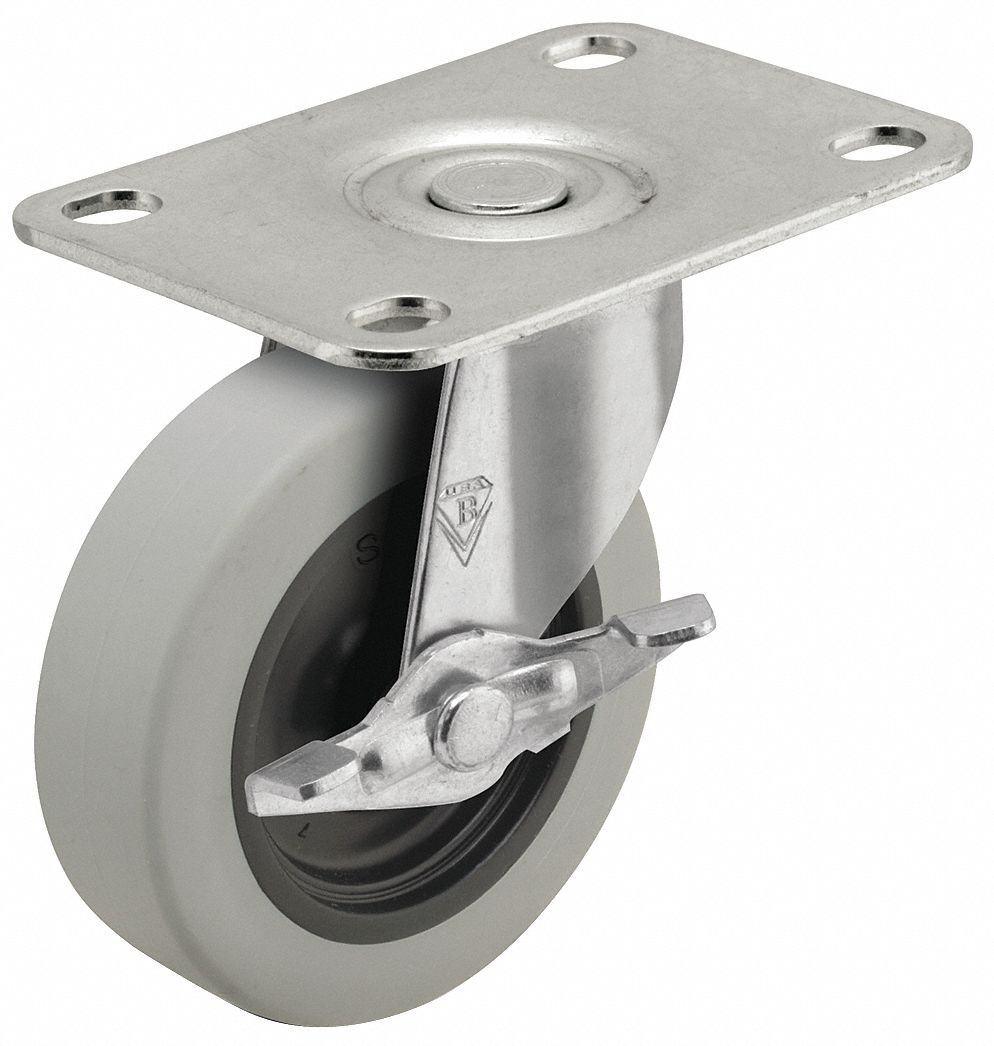 Plate Caster: Swivel, Side Brake, Rubber, 2 in Wheel Dia., 7/8 in Wheel Wd, Hole