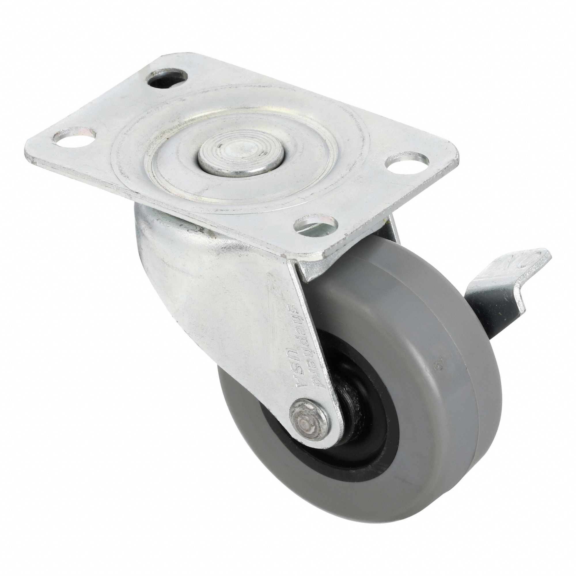 Plate Caster: Swivel, Side Brake, Polyurethane, 2 in Wheel Dia., 7/8 in Wheel Wd