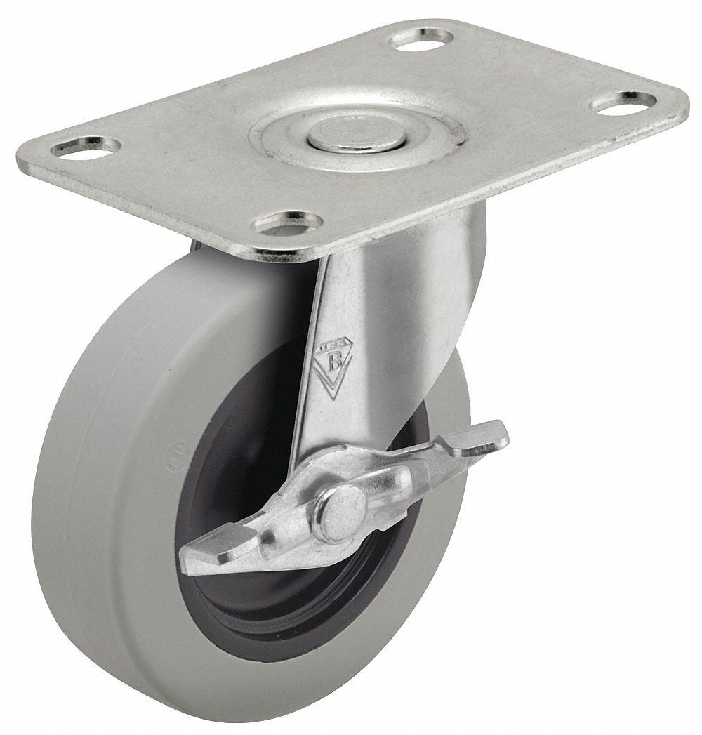 Plate Caster: Swivel, Side Brake, Polyurethane, 5 in Wheel Dia., 1 in Wheel Wd, Slot