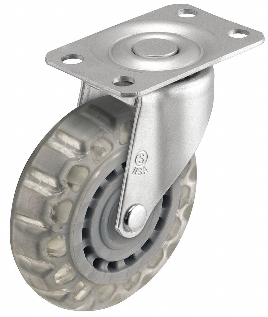 Plate Caster: Swivel, No Brake, Polyurethane, 2 in Wheel Dia., 7/8 in Wheel Wd, Hole