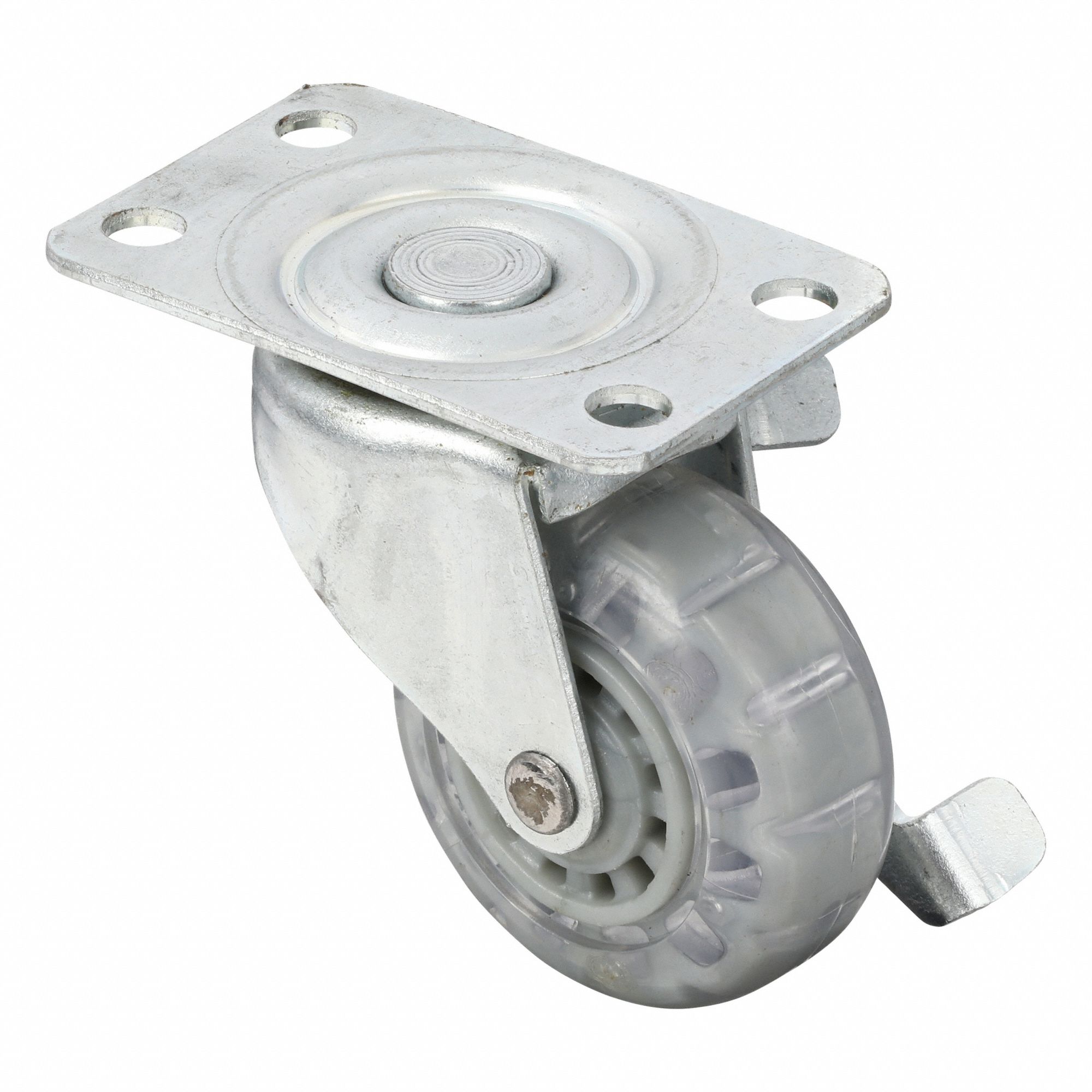 Plate Caster: Swivel, Side Brake, Polyurethane, 2 in Wheel Dia., 7/8 in Wheel Wd